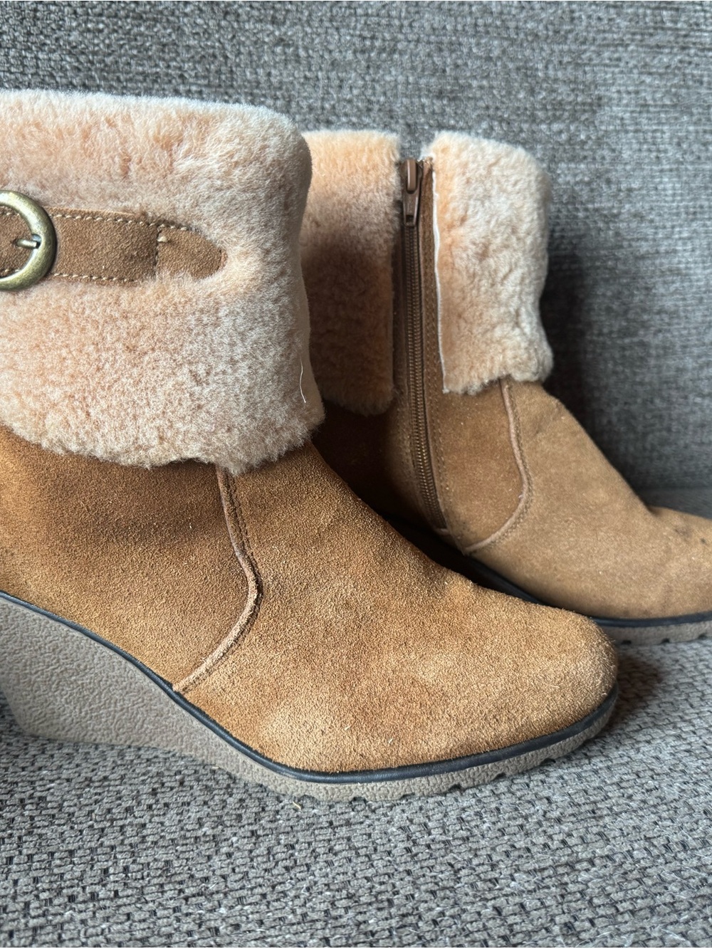 UGG Tan Suede Wedge Ankle Boots with Faux Shearling Cuff
